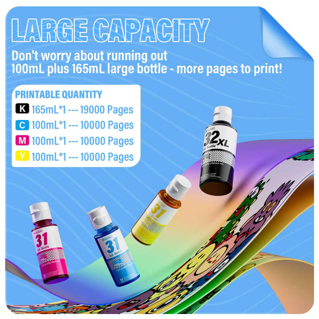 31 32XL Ink Bottle Set Refill for HP Smart Tank 7600 7602 7300 7301 7001, 5000 5101 5102, 6000 6001 651 551 Printer. Black CMY