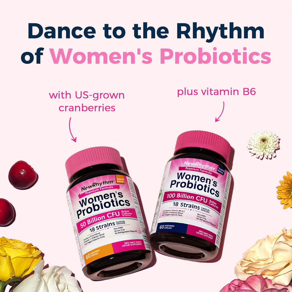 NewRhythm Women's Probiotics, Organic Cranberry, 50 Billion CFU 18 Strains, Probiotics with Prebiotics, Support Digestive Health, No Refrigeration Needed, Non-GMO, No Soy, 60 Vegan Capsules, No Dairy