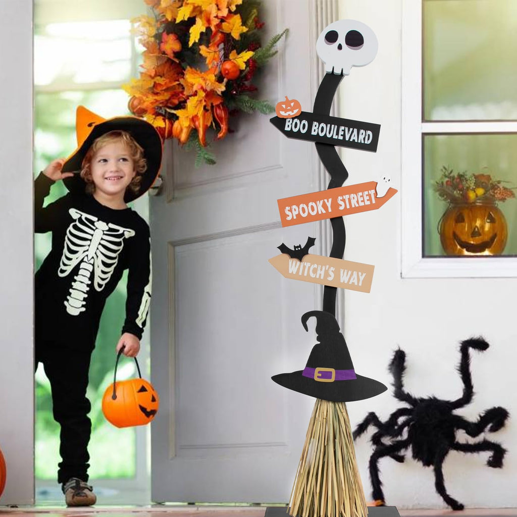 Lighted Halloween Wooden Witch Broom for Indoor Outdoor Decorations