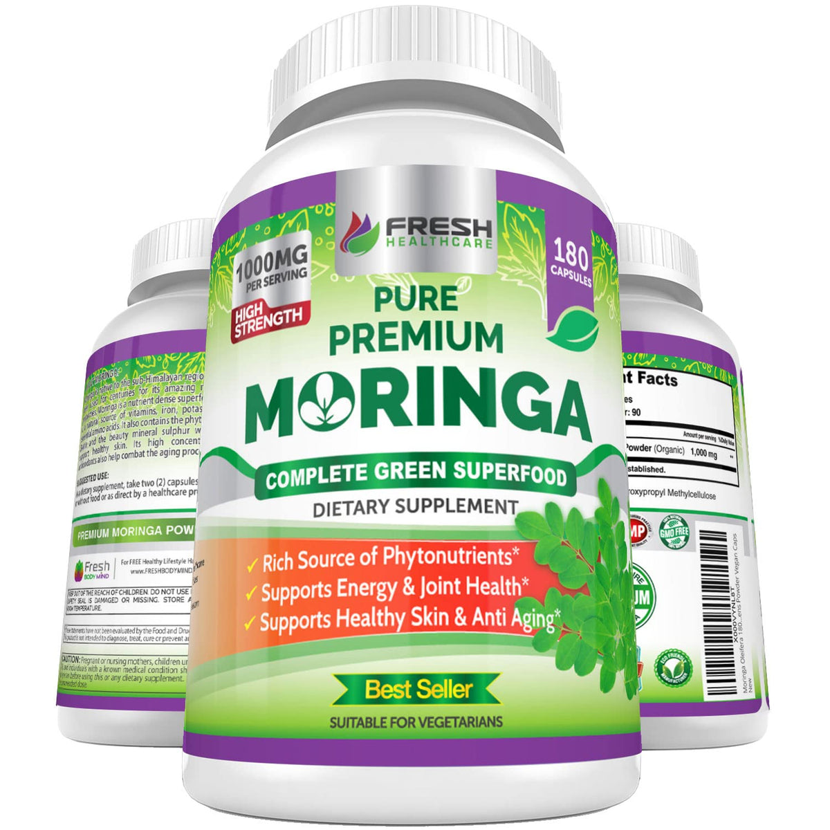FRESH HEALTHCARE Moringa Capsules - 100% Pure Leaf Powder Supplement, 180 Pills, Non-GMO, 3 Month Supply, Complete Green Superfood for Energy, Skin, Immune and Gut Health Support