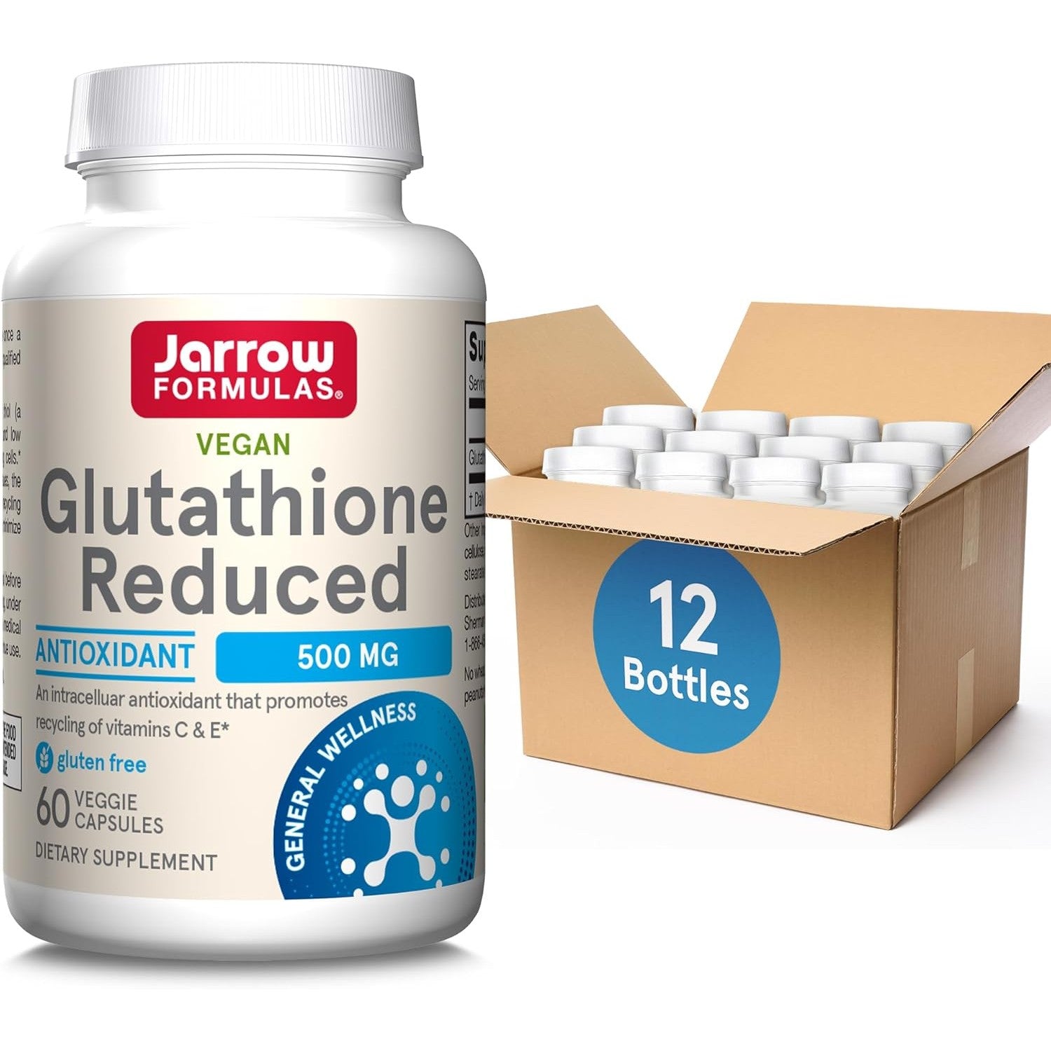 Buy now Jarrow Formulas Glutathione Reduced 500 mg - 120 Veggie Capsules - Intracellular Antioxidant - Quality Glutathione Supplements - Supports Recycling of Vitamins C & E - Non-GMO - Gluten Free - Vegan Unflavored 60 Servings (Pack of 12) at indiglob india