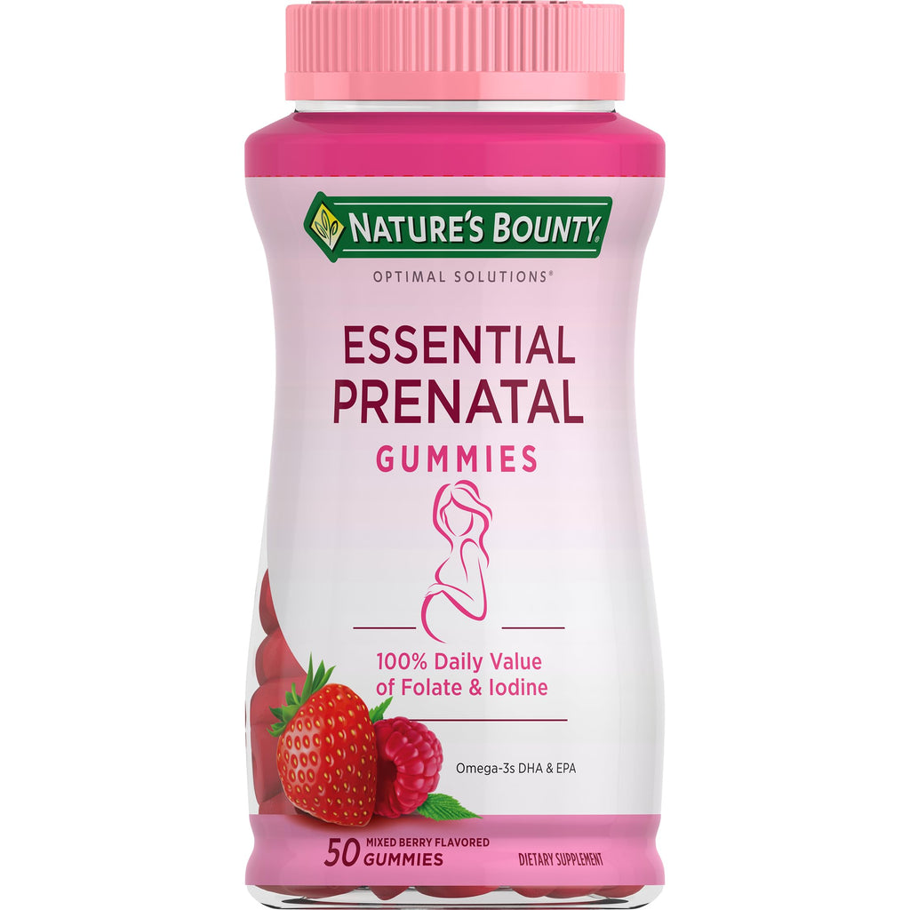 Nature's Bounty Optimal Solutions Essential Prenatal Gummies, 50 Count | Folic Acid and Iodine, Omega 3 and DHA, 25 Total Servings