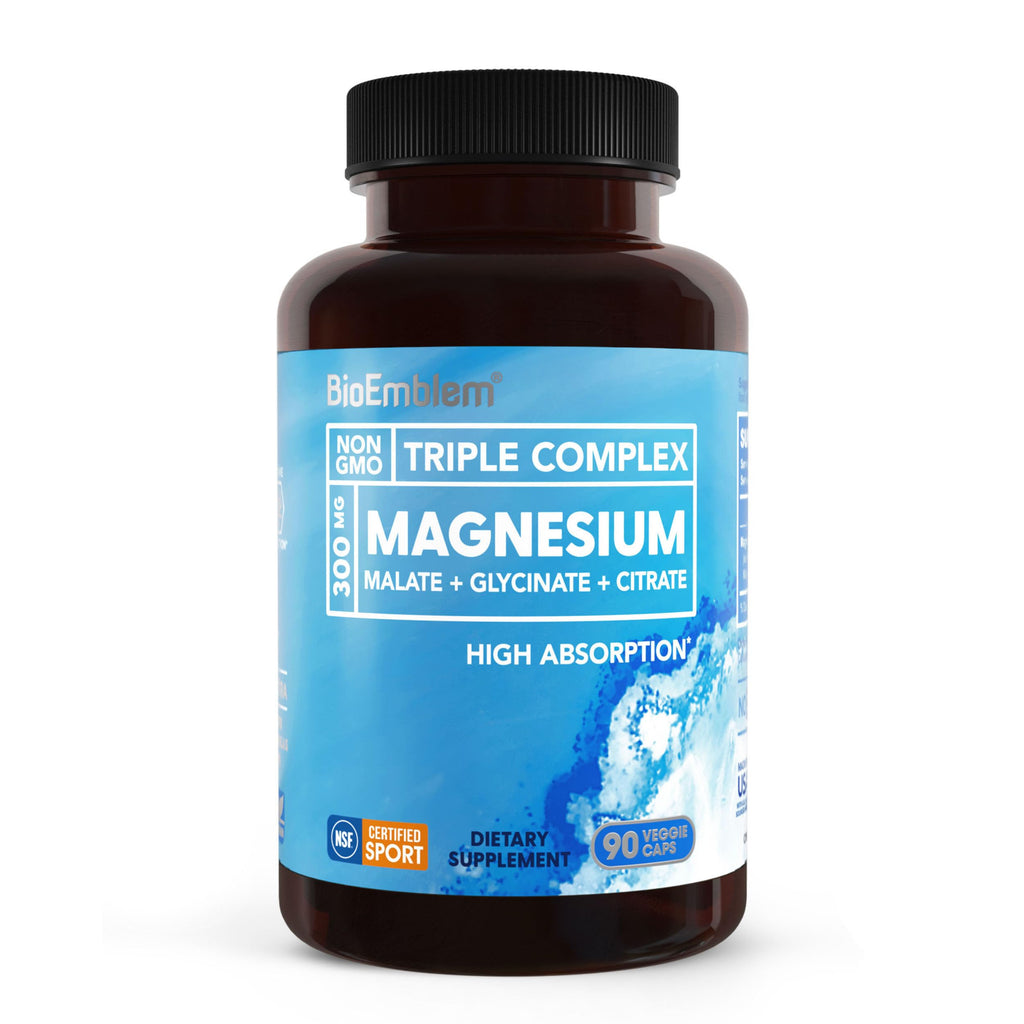 BioEmblem Magnesium Glycinate Complex, 300mg Per Serving, 90 Capsules | Triple Magnesium Citrate & Malate - NSF & Labdoor Certified - Muscle & Nerve Function - Vegan, Non-GMO Chelated Formula