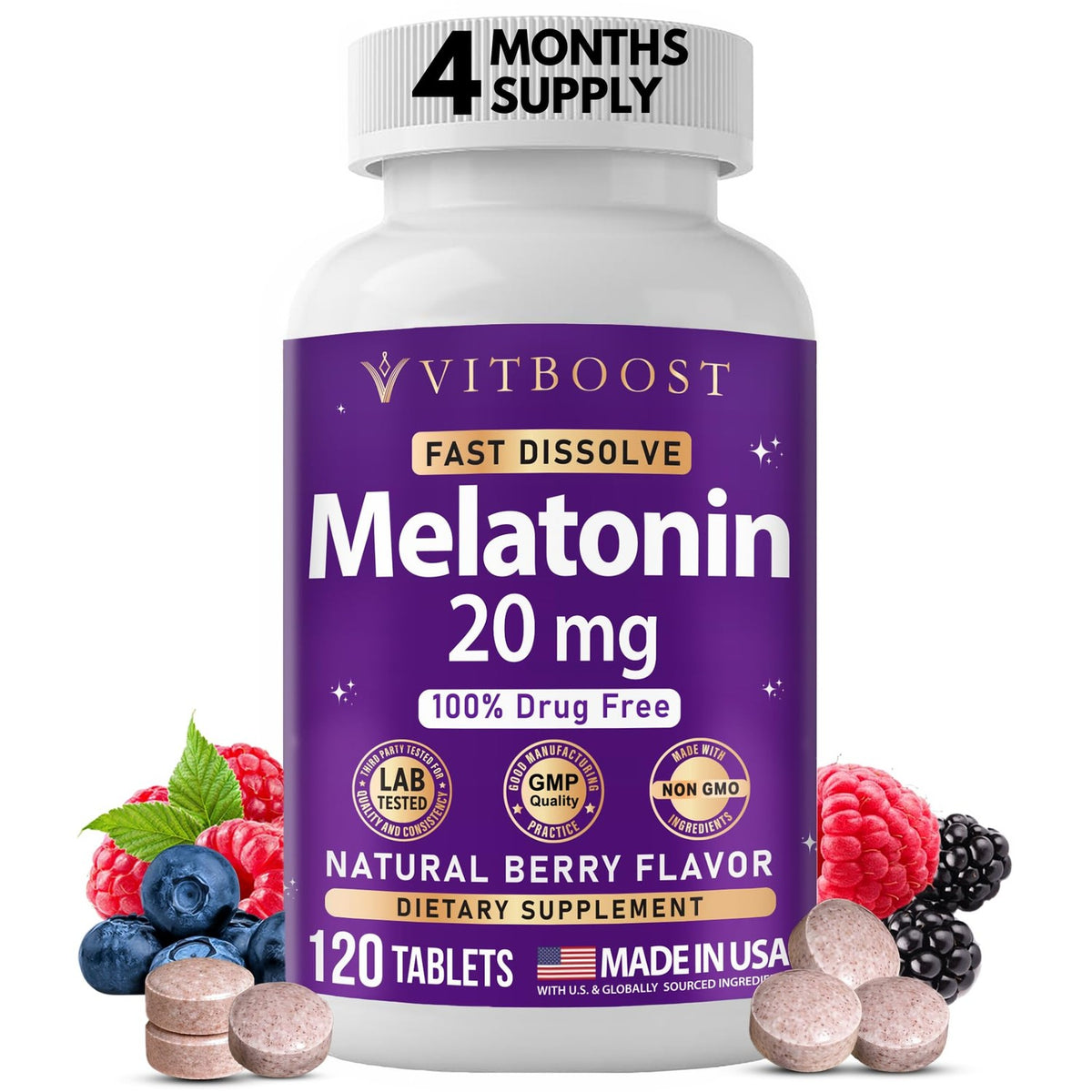 VITBOOST Melatonin 20mg Fast Dissolve Sleep Aid Tablets for Adults - 120 CT