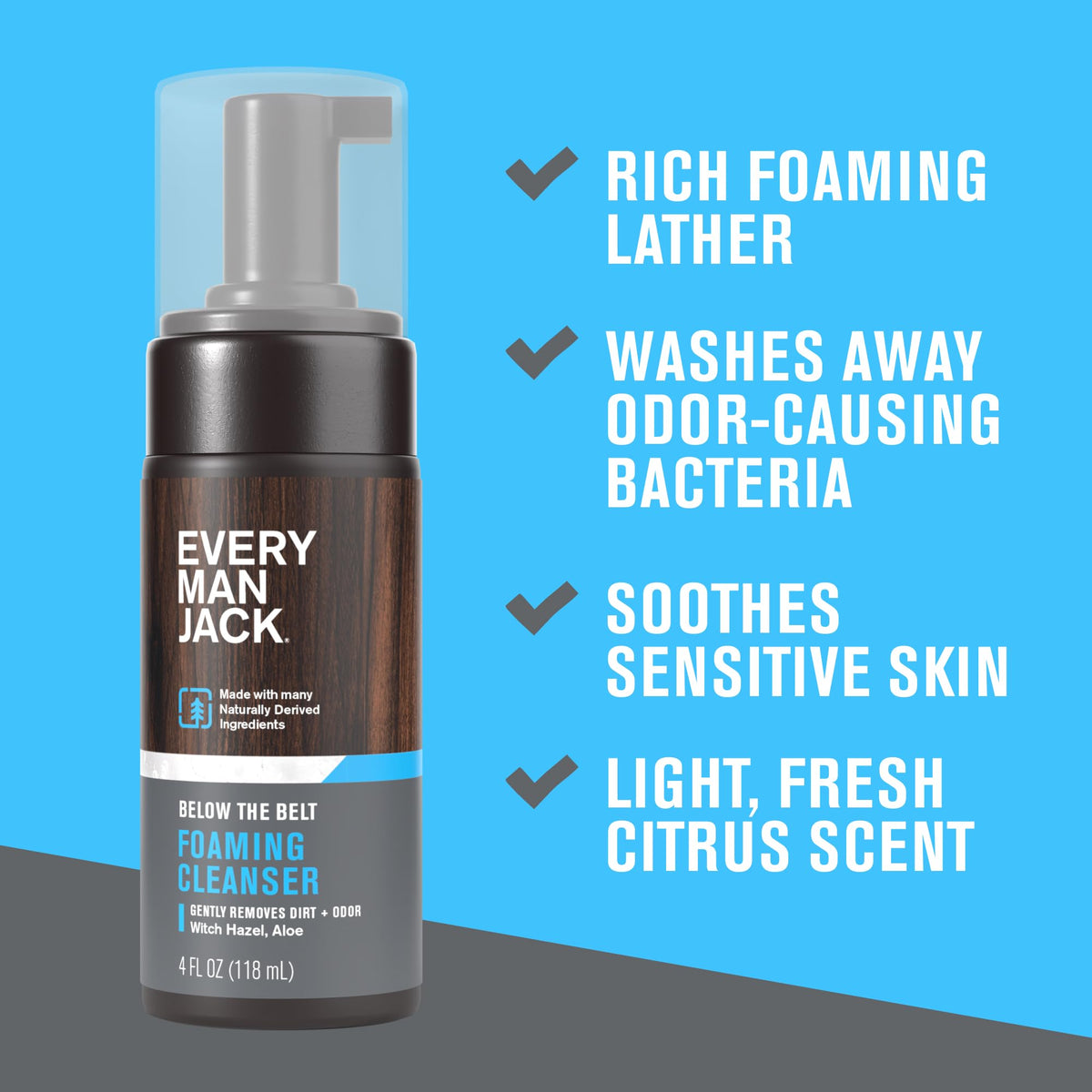 Every Man Jack Mens Foaming Groin Wash - Gentle Cleanser for Below The Belt - Made w/ Naturally Derived Ingredients like Witch Hazel & Aloe Vera - 4 Fl Oz (1 Pack)