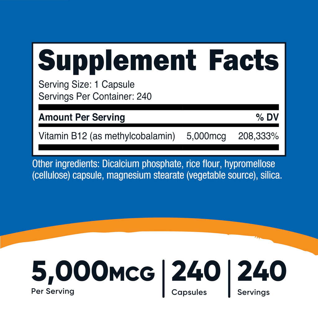 Nutricost Vitamin B12 (Methylcobalamin) 5000mcg, 240 Capsules, Gluten Free | Vegetarian Caps, GMO-Free, B12 Supplement