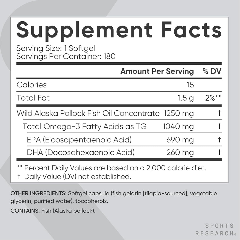 Buy now Sports Research Triple Strength Omega 3 Fish Oil - Burpless Fish Oil Supplement w/EPA & DHA Fatty Acids from Single-Source Wild Alaskan Pollock - 1250 mg, 180 ct at indiglob india