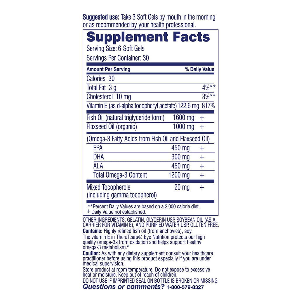 TheraTears Omega 3 Supplement for Eye Care, 180ct | 1200mg Fish Oil and Organic Flaxseed Oil with Vitamin E, Eye Nutrition, Promotes Healthy Tears & Eye Comfort