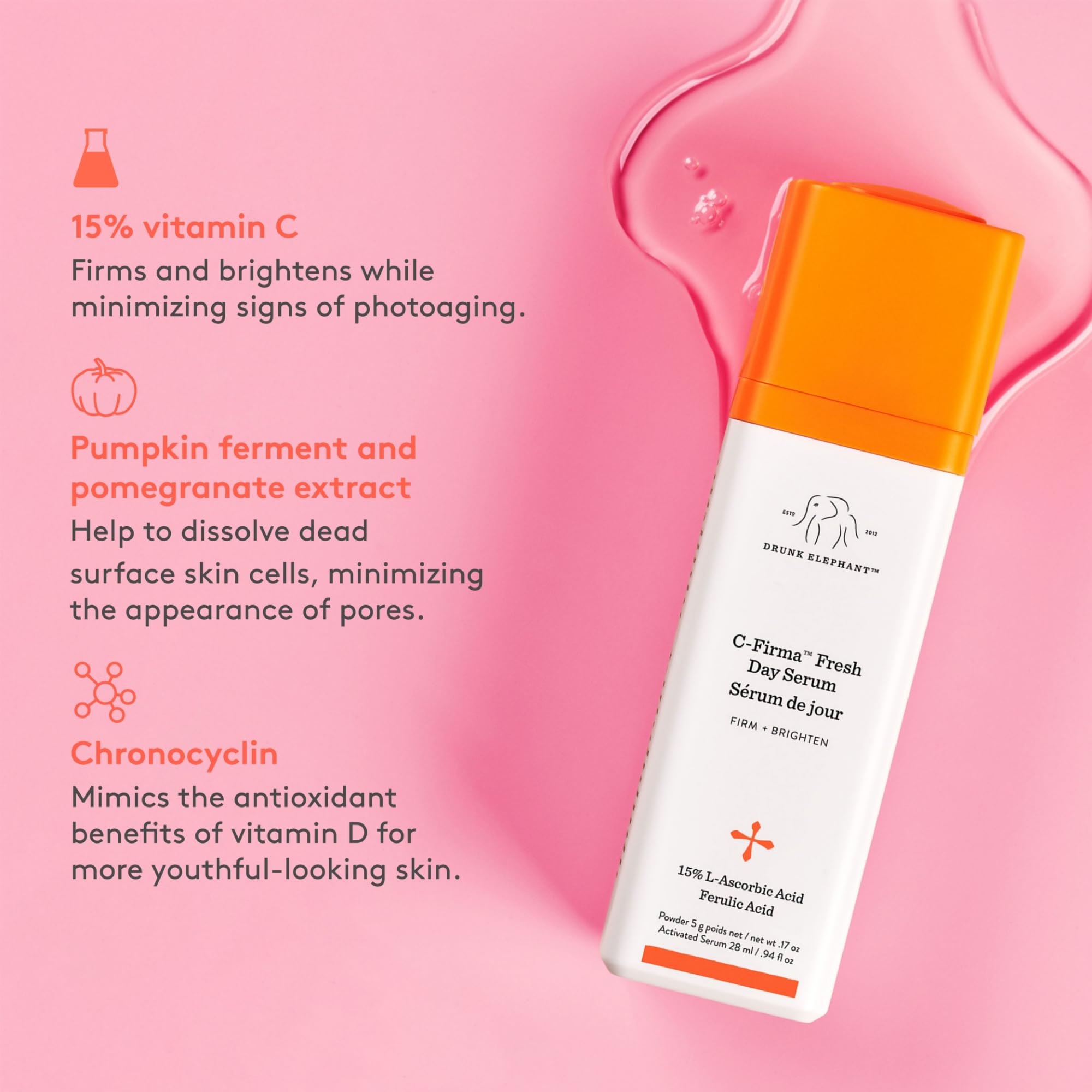 Buy now Drunk Elephant C-Firma Fresh Day Serum - 28 ml/.94 fl oz - 15% Illuminating Vitamin C - Clean Clinical Skincare - Cruelty-Free - Dermatologist-Tested - Free of Essential Oils, Silicones, and Fragrance at indiglob india