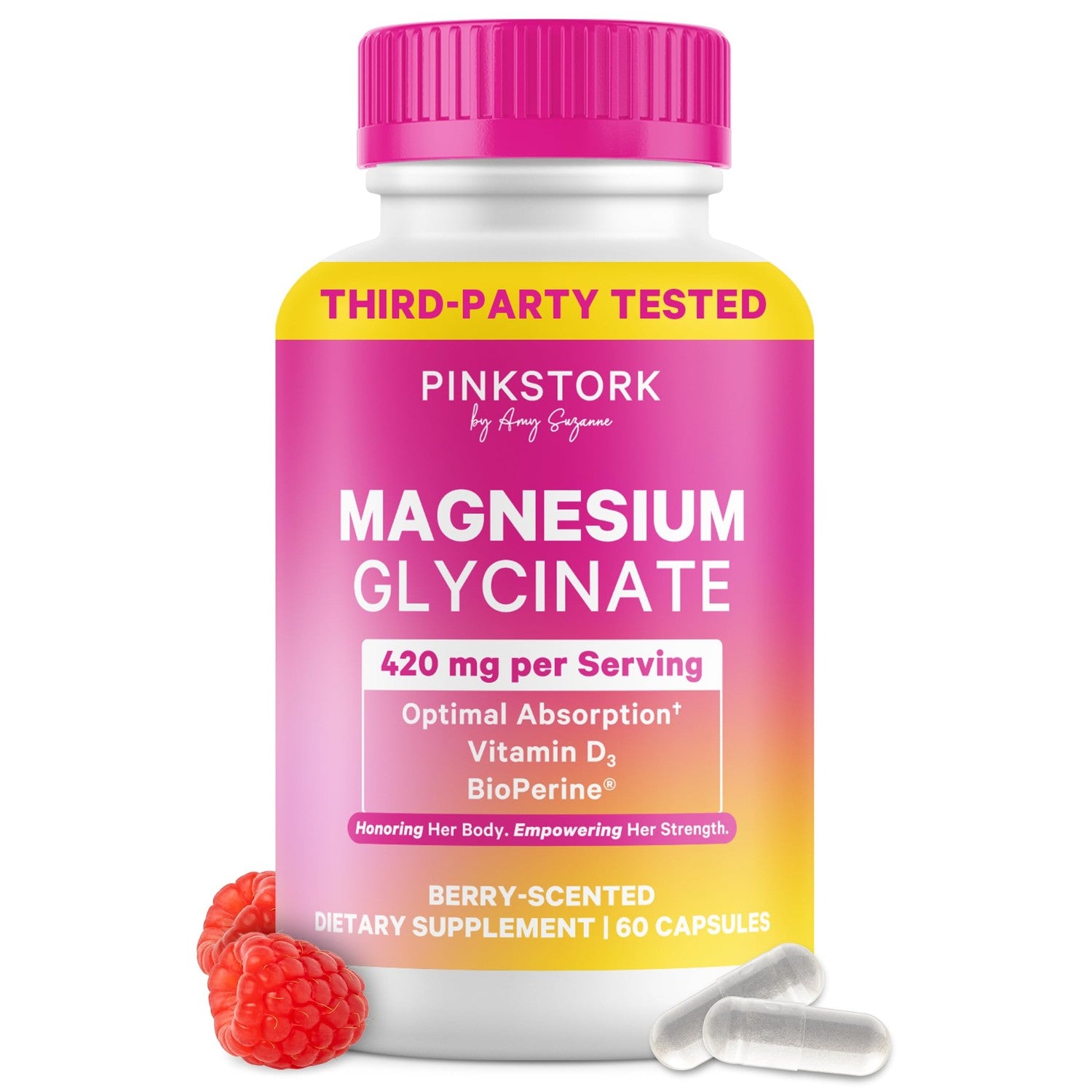 Pink Stork Magnesium Glycinate 420mg, Berry Essence, 60 Capsules | With Vitamin D, Supports Natural Calm, Mood, and Sleep, Hormone Balance for Women, 1 Month Supply