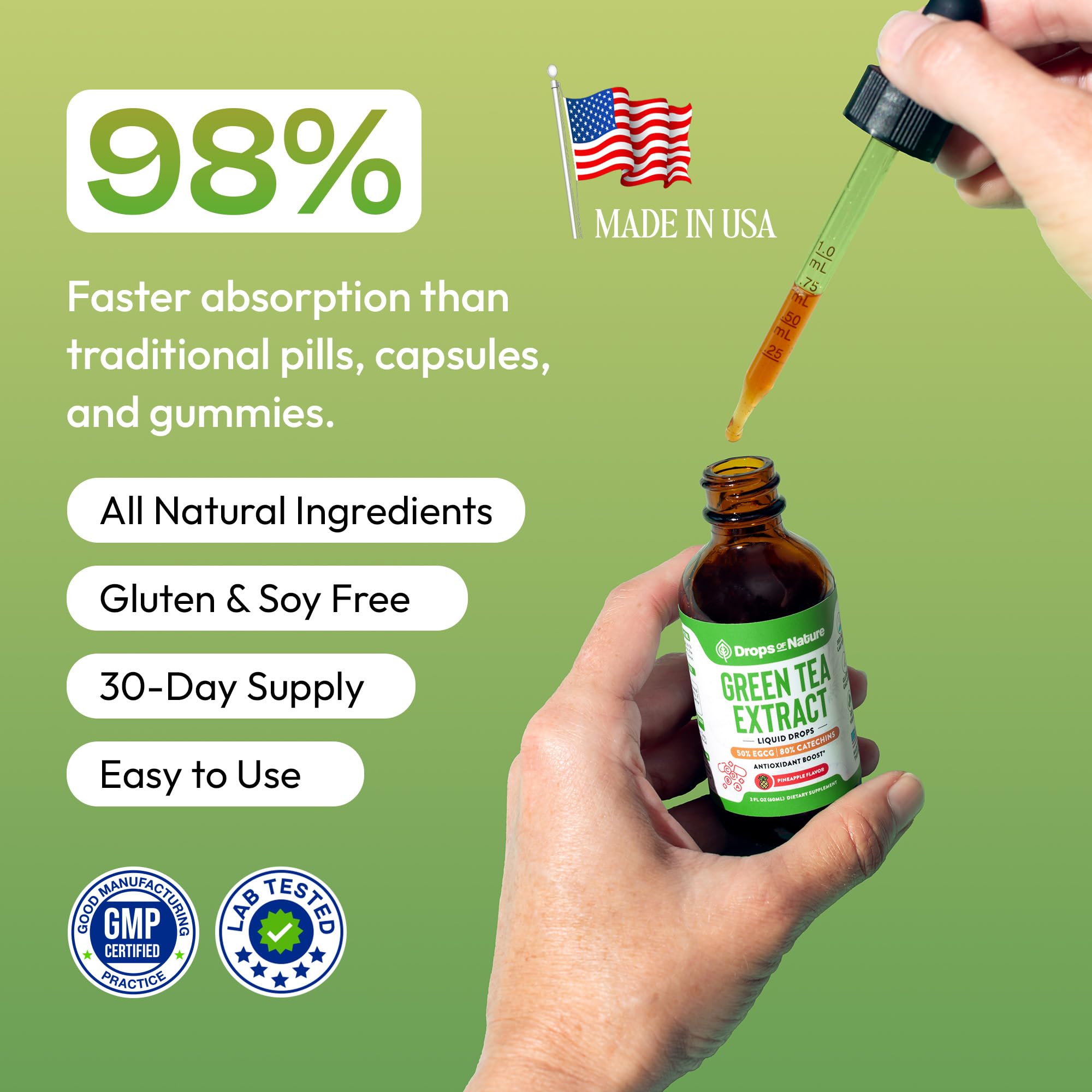Drops of Nature Green Tea 10:1 Extract Liquid Supplement - Pineapple, 60 mL | 50% EGCG, 80% Catechins, Antioxidant & Immune Health Support, 4X Faster Absorption than Pills & Capsules, Vegan, Gluten-Free