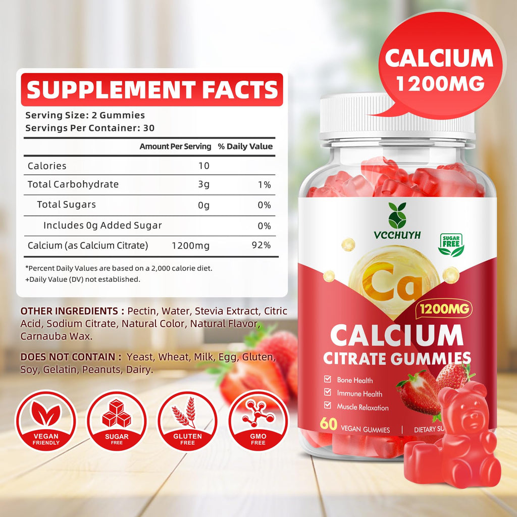 Calcium Citrate Gummies 1200mg, Chewable Calcium Supplements for Women & Men, Sugar Free Calcium Gummies for Bone, Muscle & Immune Support, Strawberry Flavor 60 Count