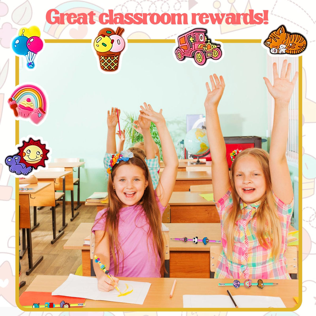 100 Pcs Cute Pencil Topper Decor,Mixed Different Style Lovely Pencil Clips
