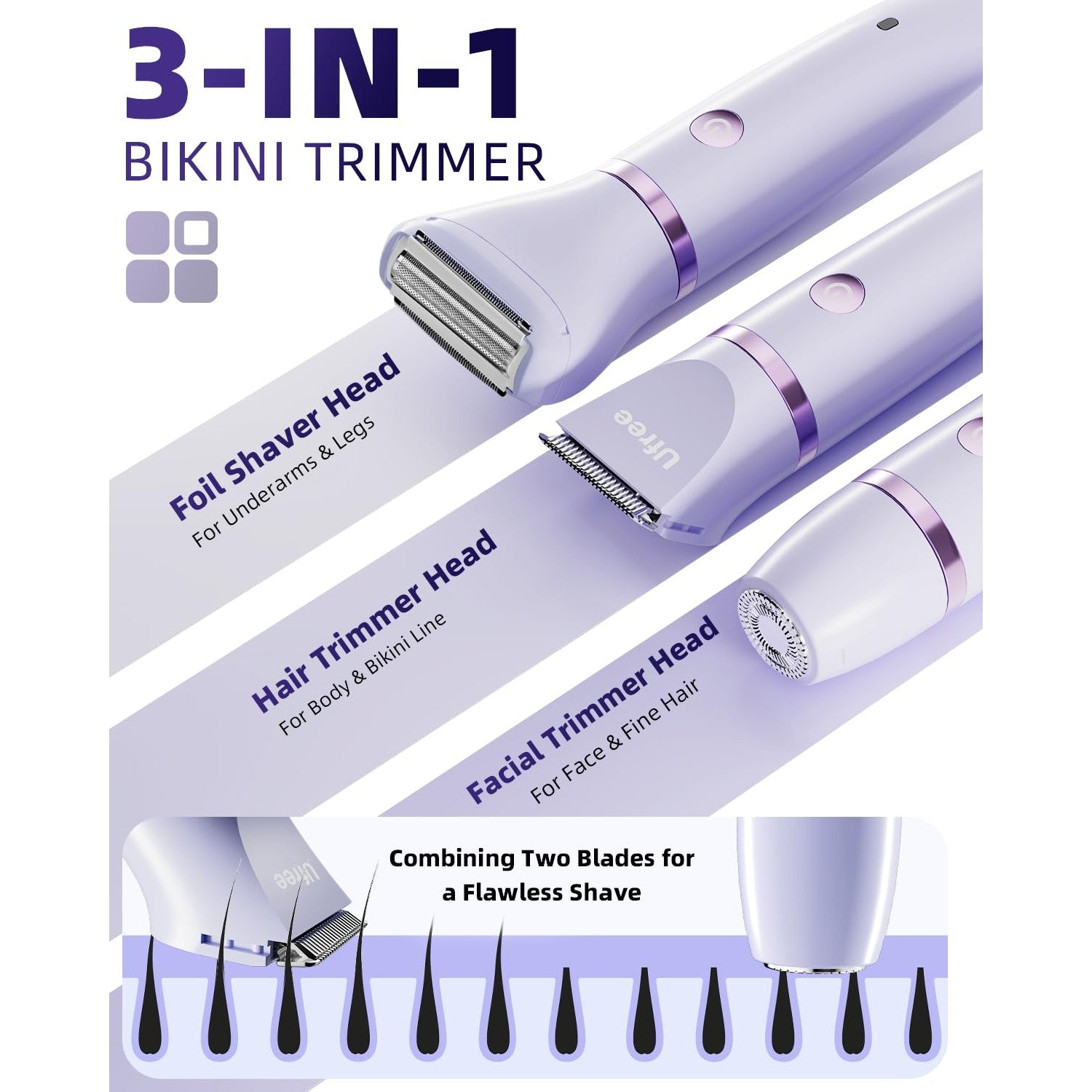 Ufree 3-in-1 Bikini Trimmer Electric Razors for Women, Gifts for Women | Ceramic Blade, IPX7 Waterproof, Lady Shaver, Travel Lock, for Face, Legs, Pubic Hair, Underarms, Body Hair Trimmer, Purple