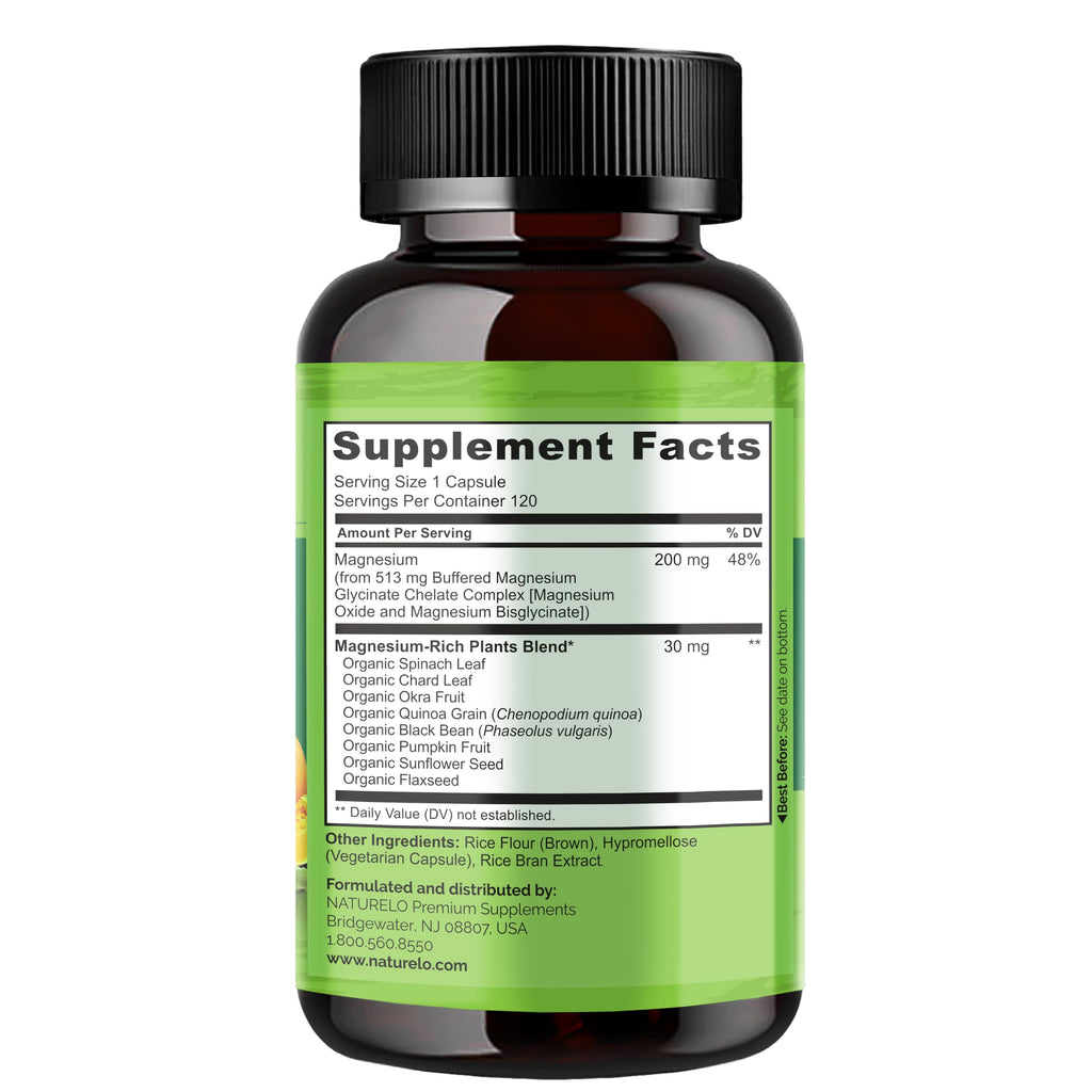 NATURELO Magnesium Glycinate Chelate Complex - 200 mg Magnesium, 120 Count | Support Sleep, Calm, Muscle Cramp & Stress Relief, Gluten Free, Non GMO, with Organic Vegetables