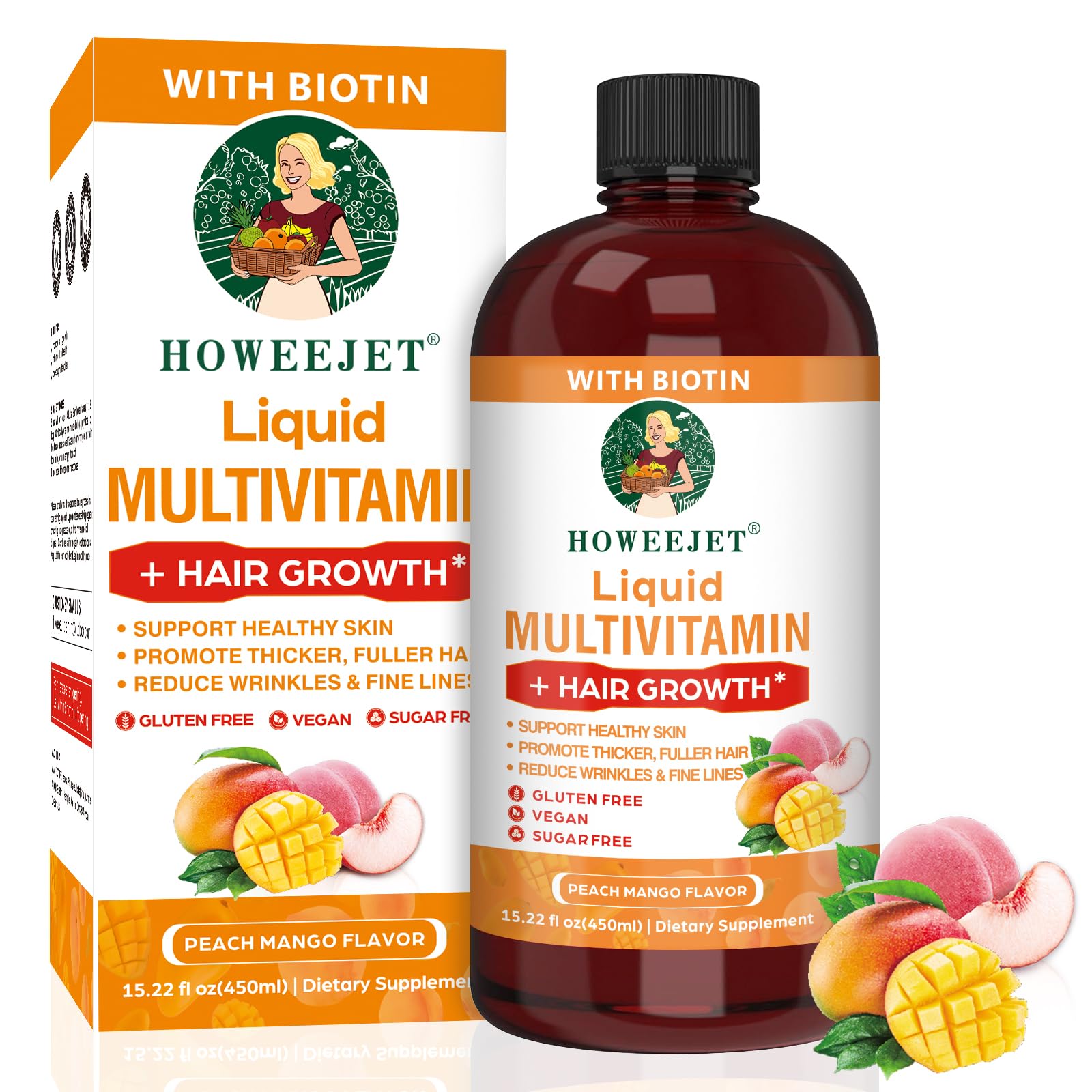 Liquid Multivitamin for Hair Growth | Biotin 10000mcg | Hair & Skin Support Supplement | Clinically Tested for Thicker Hair & Skin Elasticity | Suitable for Women & Men, Ages 18+ | 15.22 Fl Oz (2)