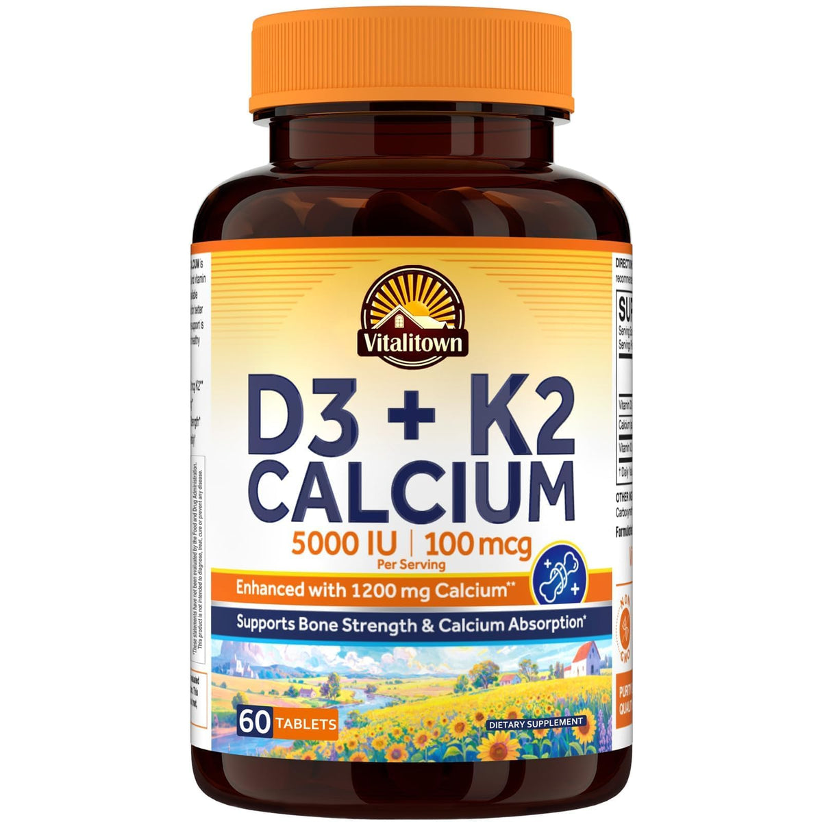 Vitalitown Vitamin D3 K2 Calcium 1200 mg for Women & Men, Vitamin D3 5000 IU, High Potency Bone Strength, Teeth & Immune System Support, Maximum Absorption, Easily Absorbable, 60 Tablets