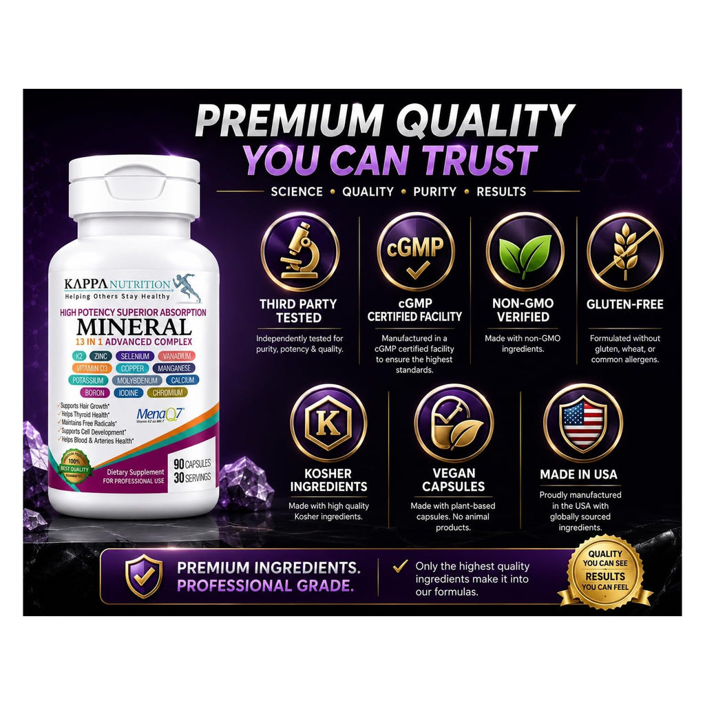 KAPPA NUTRITION Mineral 13 in 1 Advanced Complex with Albion® Chelated Minerals & MenaQ7® MK-7 Vitamin K2 | Calcium, Zinc, Selenium, Chromium, Iodine & Trace Minerals | 90 Vegan Capsules