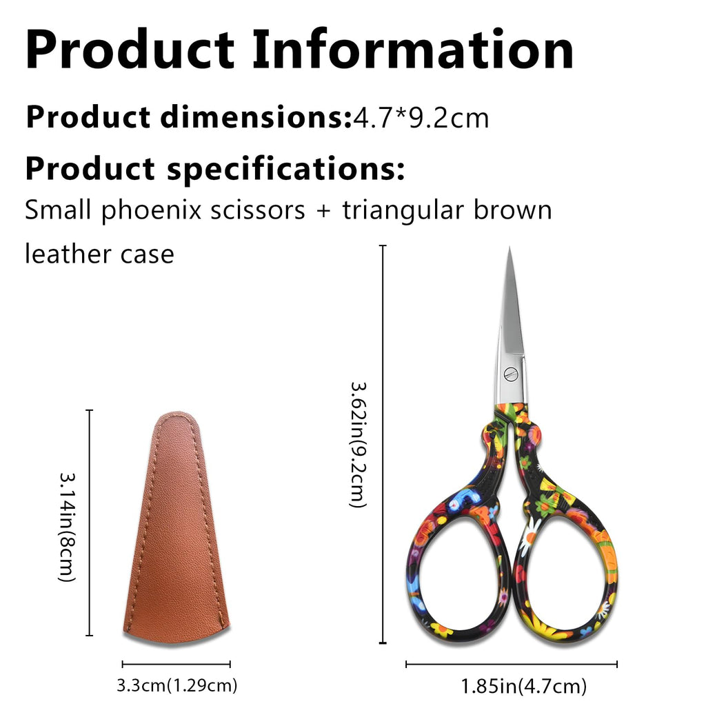 Sharp Embroidery and Crafting Scissors with Leather Cover, 3.62 inch Stainless Steel Scissors for Needlework and DIY Crafts, Black Flower, J5064