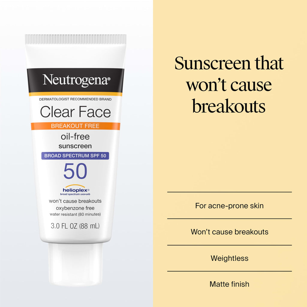 Neutrogena Clear Face Sunscreen Lotion SPF 50, 3 fl. oz | For Acne-Prone Skin, Broad Spectrum UVA/UVB Protection, Fragrance-Free, Oxybenzone-Free, Water-Resistant