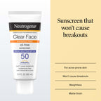 Neutrogena Clear Face Sunscreen Lotion SPF 50, 3 fl. oz | For Acne-Prone Skin, Broad Spectrum UVA/UVB Protection, Fragrance-Free, Oxybenzone-Free, Water-Resistant