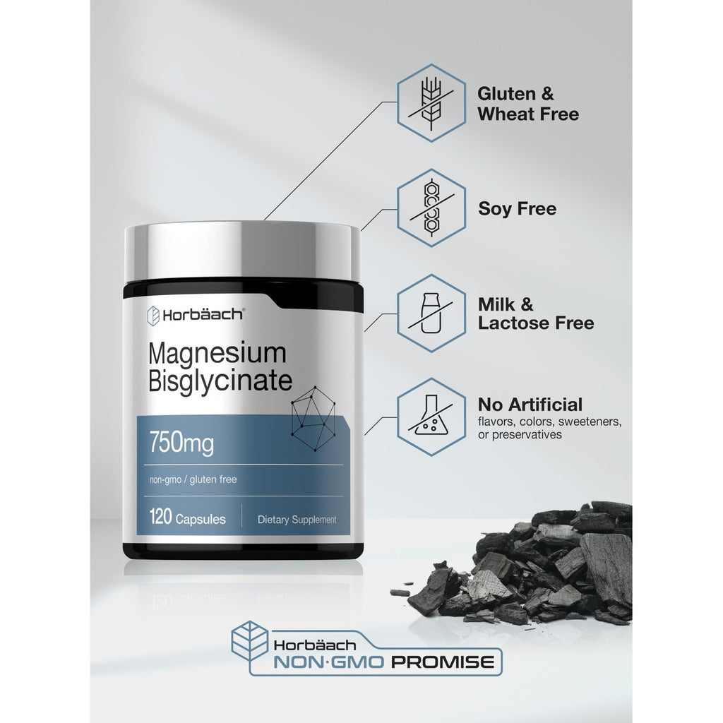 Horbäach Magnesium Bisglycinate | 120 Capsules | 750mg | Non-GMO and Gluten Free Supplement
