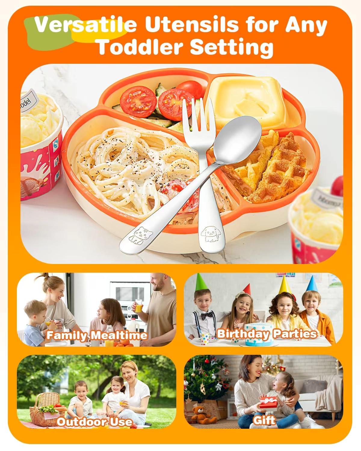 8-Piece Toddler Utensils Set, Food Grade Stainless Steel Kids Silverware Set Including Forks and Spoons, Child-Sized, Dishwasher Safe