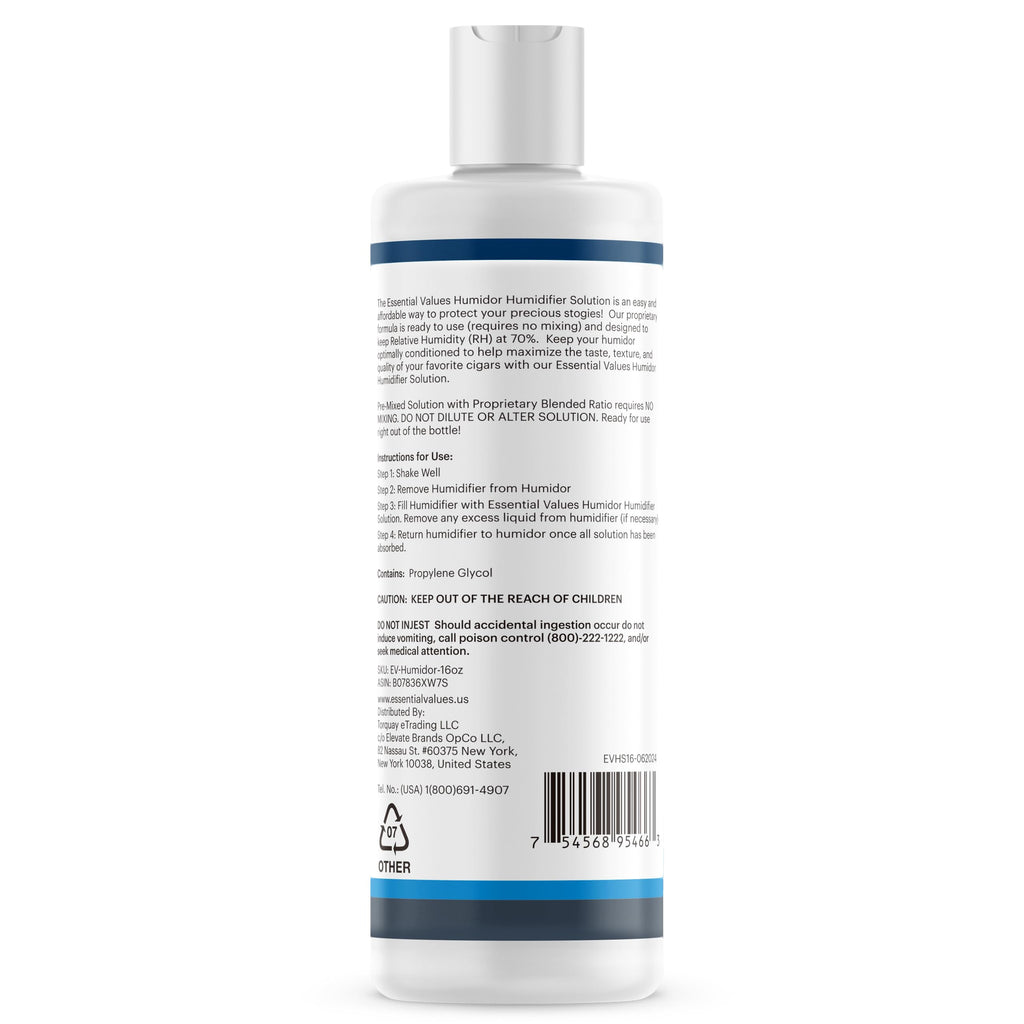 Essential Values Cigar Humidor Solution - 16oz Propylene Glycol Solution (PG) For Humidifiers - Cigar Juice - Humidor Liquid Accessories and Supplies
