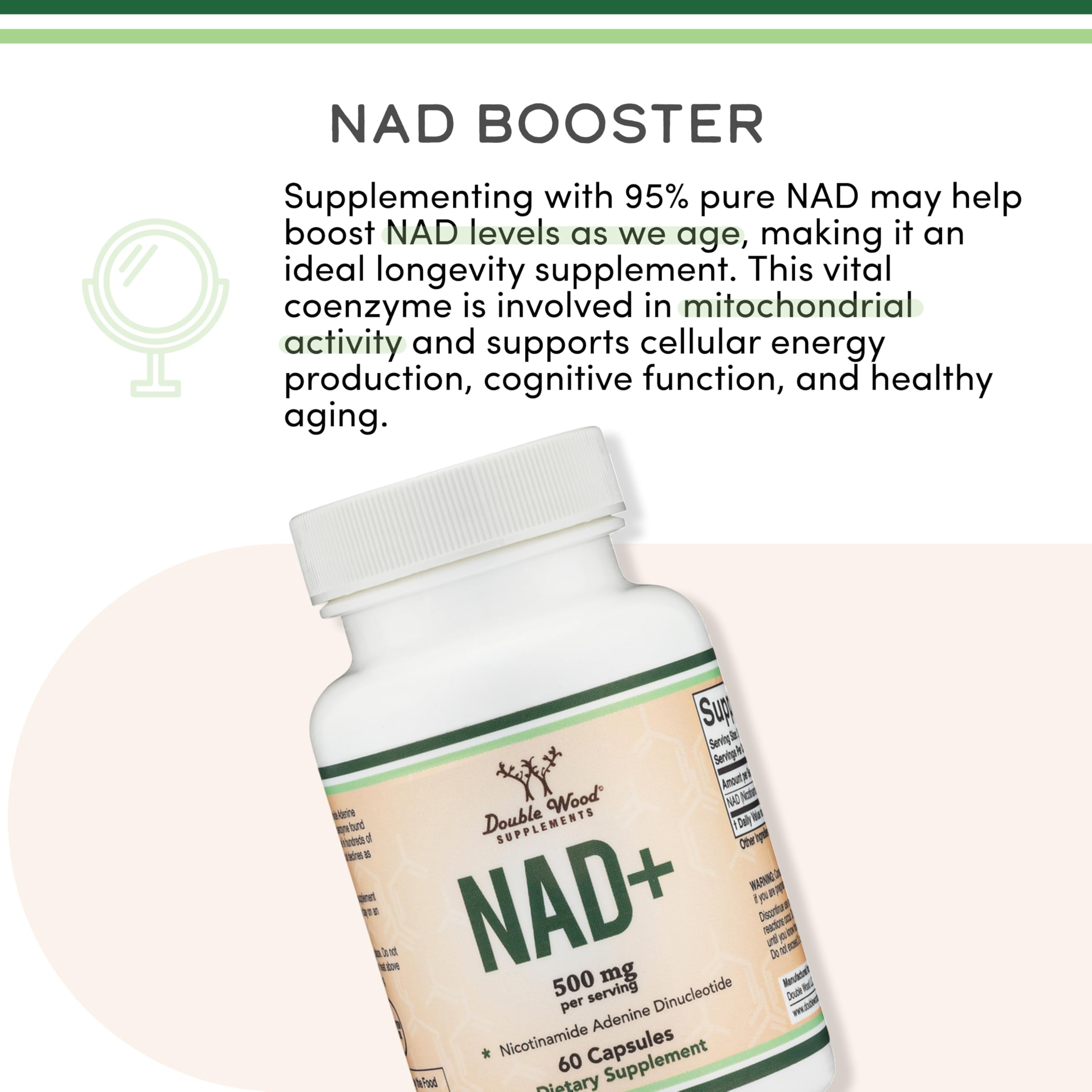 NAD+ 500mg, Energy + Healthy Aging, 95% Pure Single-Ingredient, 60 Capsules | Clean Daily Energy, Supports Anti Aging + Cell Regeneration, Real Single-Ingredient NAD+, Vegan + Non-GMO, 30-Day Supply