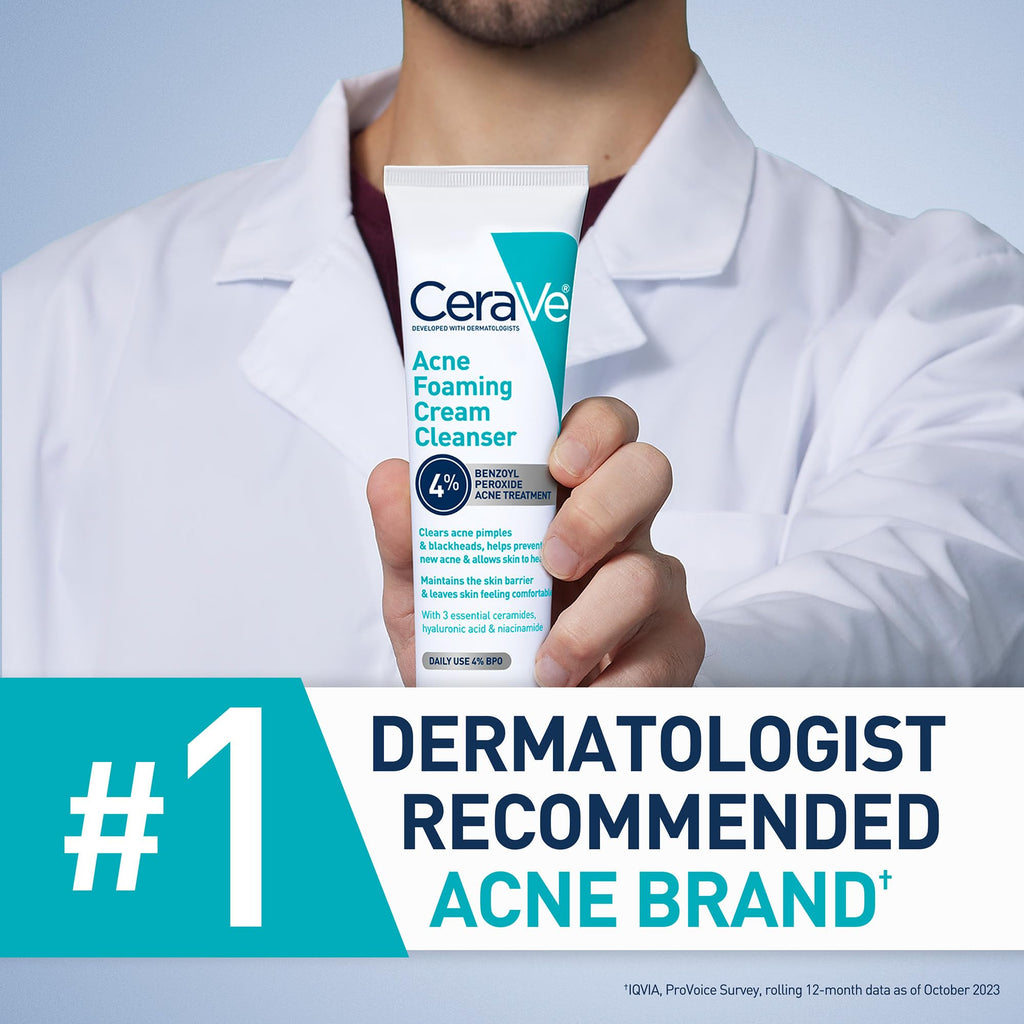 CeraVe Foaming Acne Cream Cleanser, Face Wash with 4% Benzoyl Peroxide, 5oz | Skin Care, Hyaluronic Acid, Niacinamide, Facial Cleanser, Acne Treatment For Face, Face Care, Gentle Cleanser, Ceramides