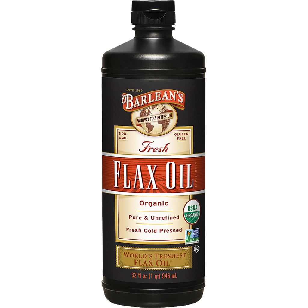 Barlean's Organic Flaxseed Oil, 7640mg ALA Omega-3, Cold-Pressed, 32oz | Fresh cold-pressed flax seeds, ALA omega 3-6-9, Vegan, Non-GMO, Gluten-free, Unrefined, 32 oz value size, Heart & skin