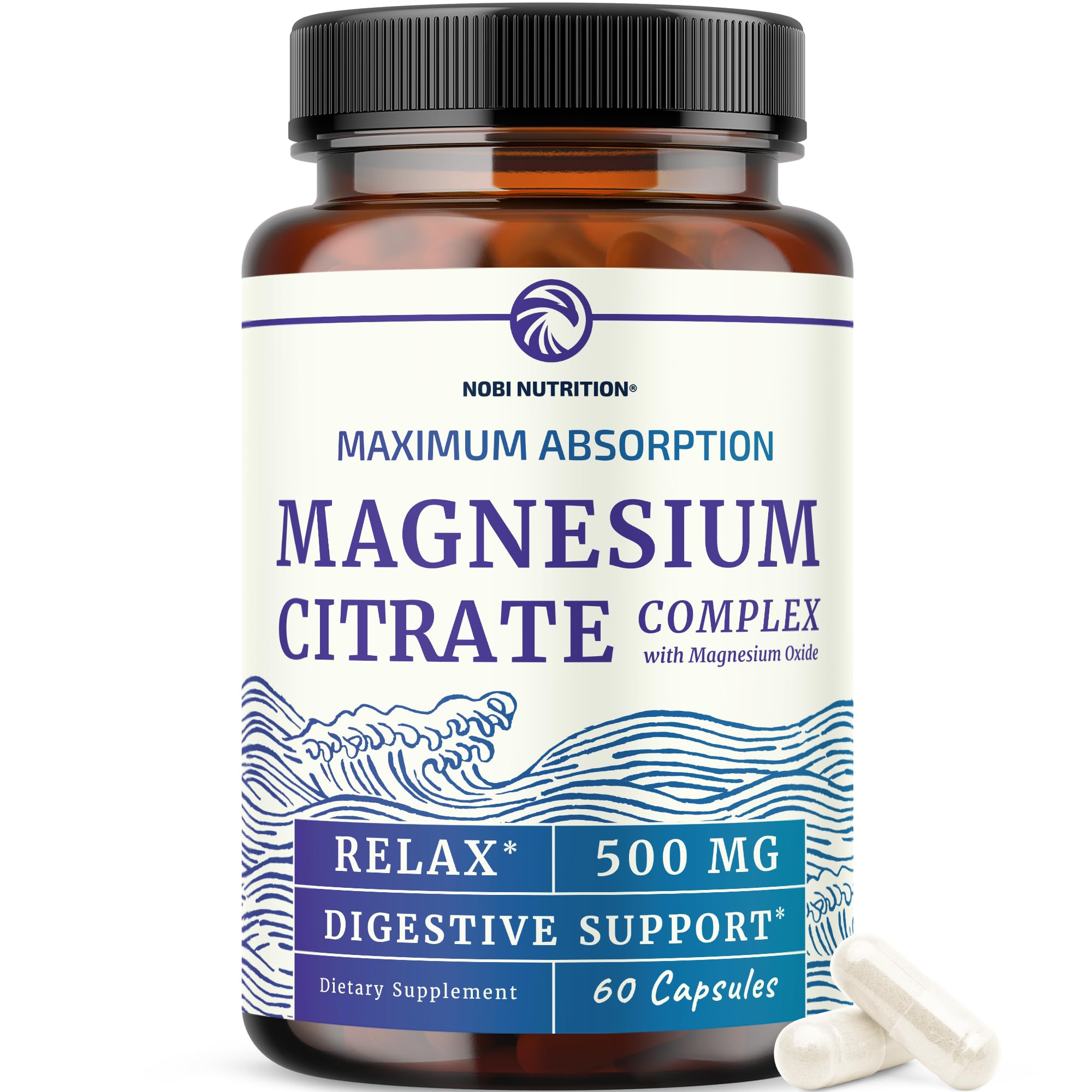 Magnesium Citrate Complex 500 MG, Constipation, Calm & Relaxation Support | High Absorption Magnesium Supplement, Digestion Support, Citrato de Magnesio, Non-GMO & Soy-Free, 60 Mag Citrate Capsules