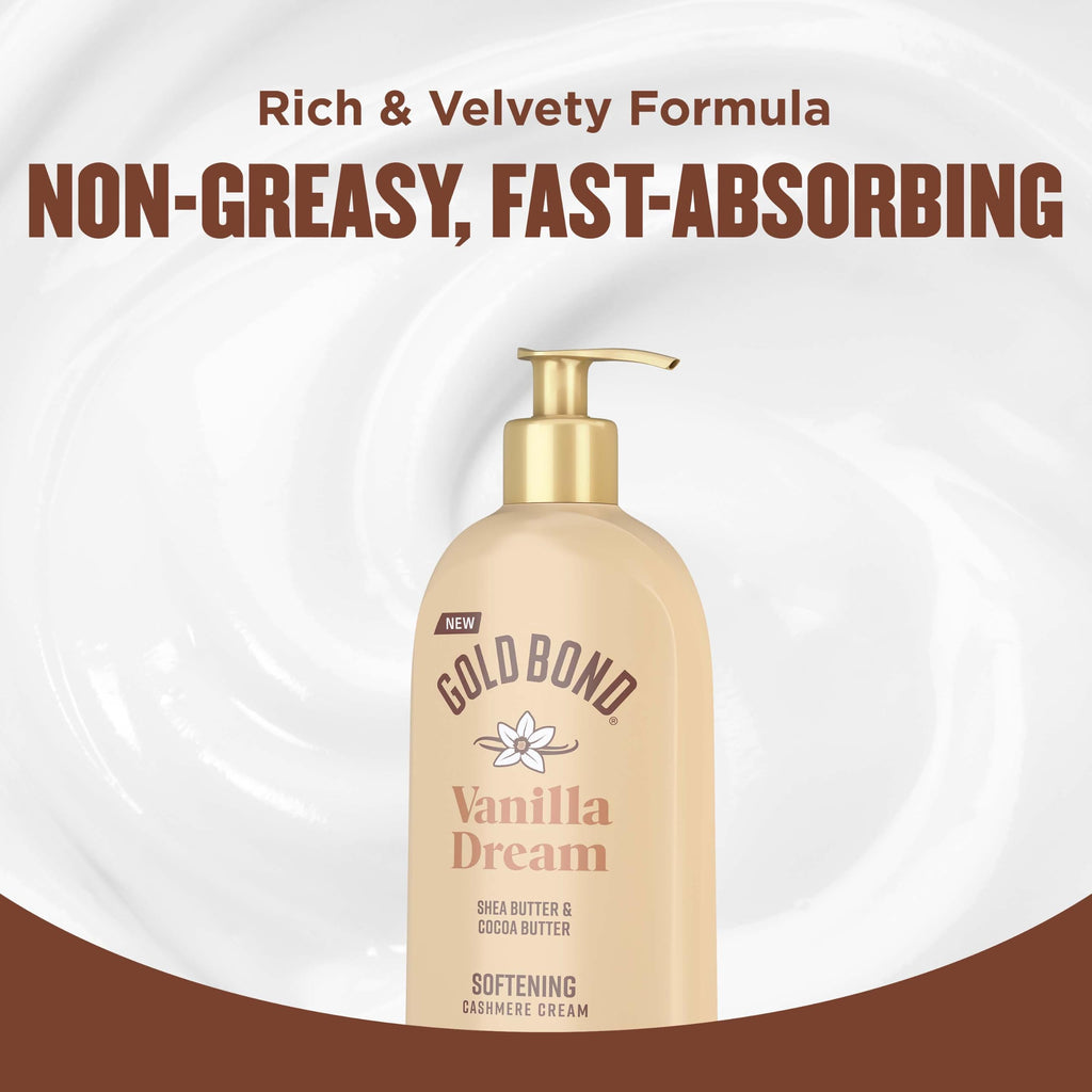 Gold Bond Softening Cashmere Cream Body Lotion, Vanilla Dream Scent, 24-Hour Hydration with Shea Butter and Cocoa Butter, 14 oz.