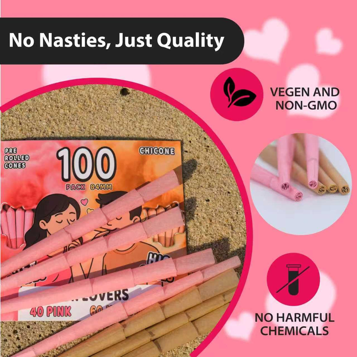 100 Pack Rolling Cones | Natural Slow-Burning Cones Rolling Paper | 84mm Rolling Papers | Bong |40pack pink+60pack wood Rolling papers