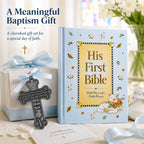 Baby Boy First Bible and 4" Pewter Baptism Guardian Angel Crib Cross (Original Version)-L8