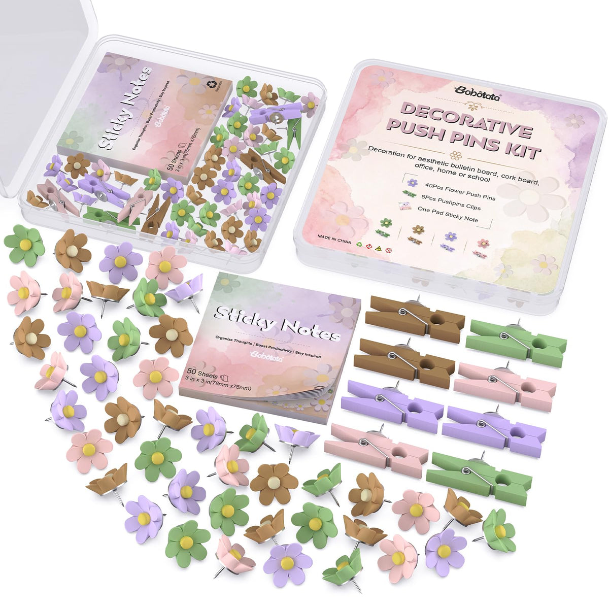 Decorative Flower Push Pins Kit, 48 PCS Cute Thumb Tacks for Bulletin Board