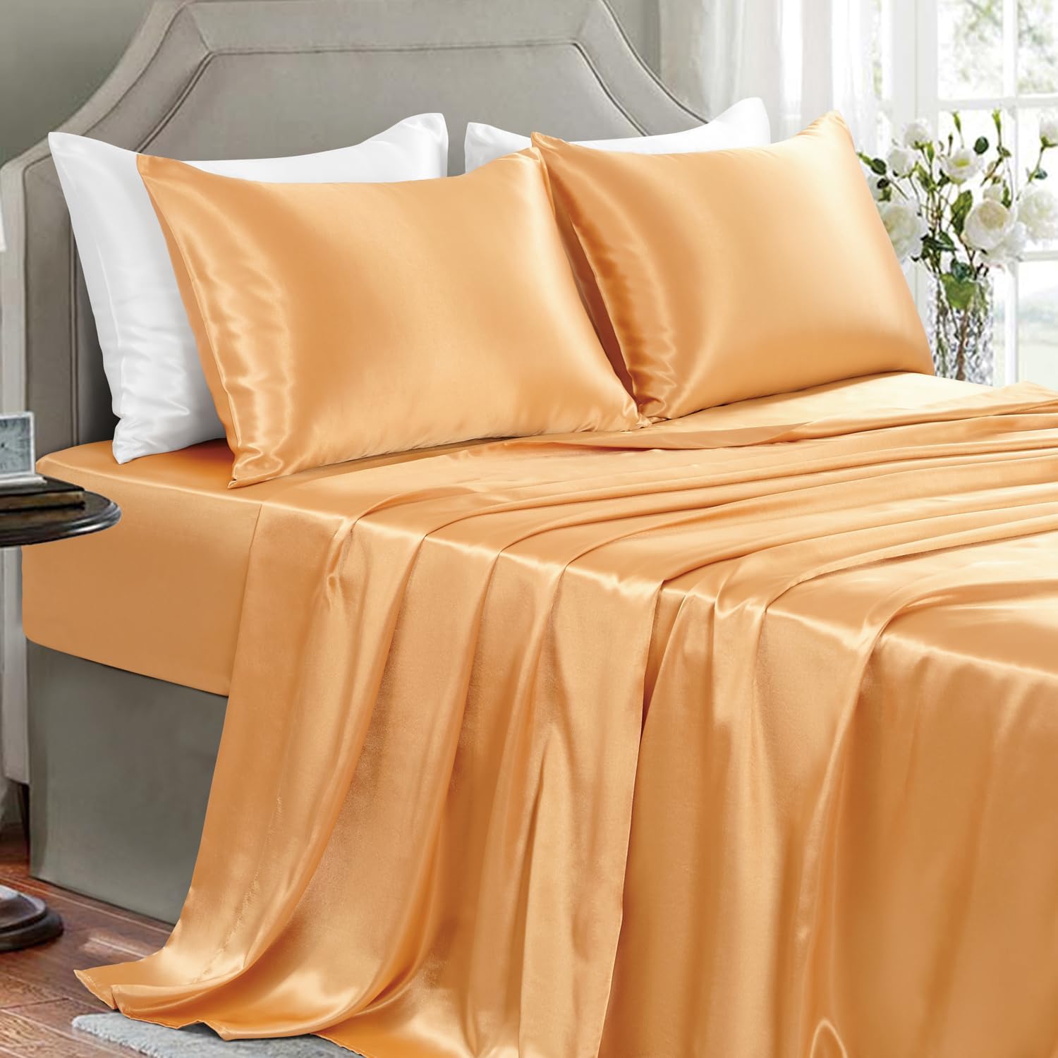 Buy now Satin Sheets King Size - 4 Pieces Luxury Silky Soft Bed Sheets, Wrinkle-Free Gold Satin Silk Sheet Set with 1 Deep Pocket Fitted Sheet, 1 Flat Sheet, 2 Pillow Cases Full Gold at indiglob india