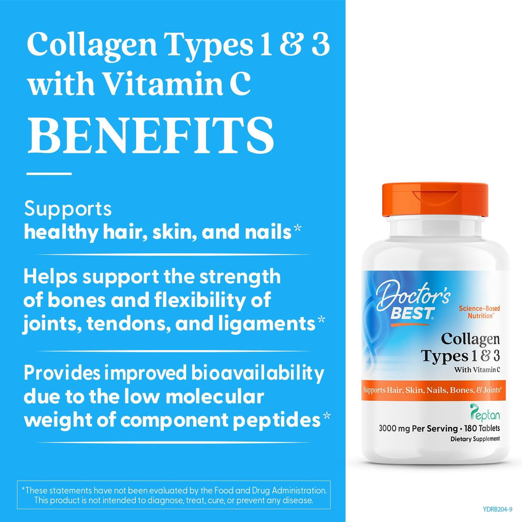 Buy now Doctor's Best Collagen Types 1 & 3 with Peptan, Non-GMO, Gluten Free, Soy Free, Supports Hair, Skin, Nails, Tendons & Bones, 1000 mg, 180 Tablets at indiglob india