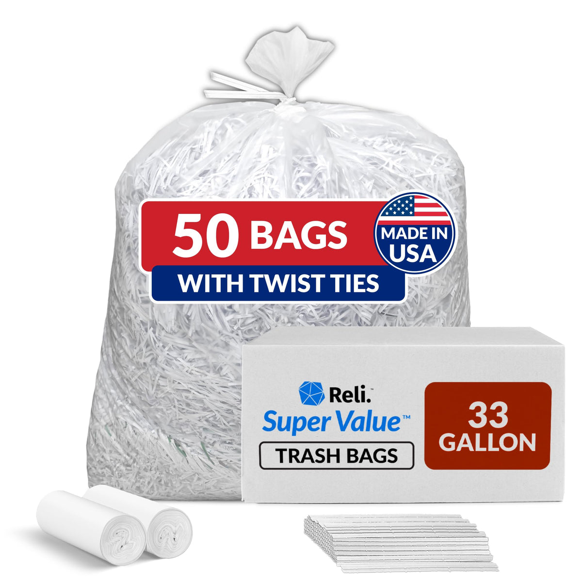 Reli. Clear Trash Bags w/Twist Ties (50 Count) | Heavy Duty