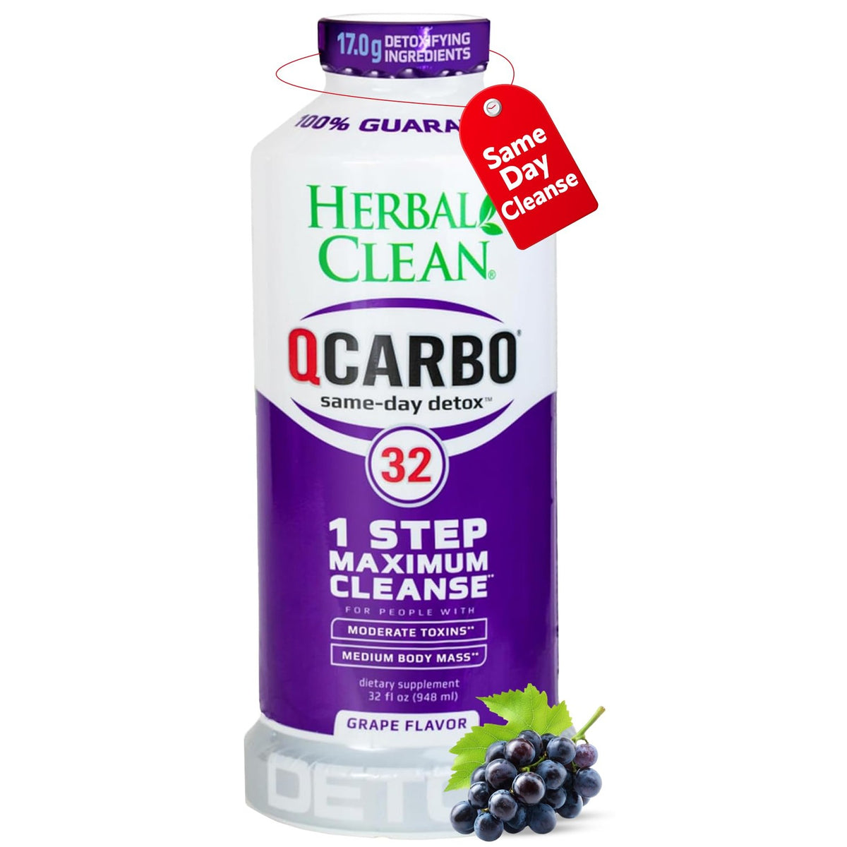 Herbal Clean Qcarbo32 Same Day Detox Cleanse Drink (32 fl oz) - Grape Flavor Full Body Cleanse* Detox Drink for Moderate Toxin Level*, Vitamin B2 and Vitamin B12 for Men & Women
