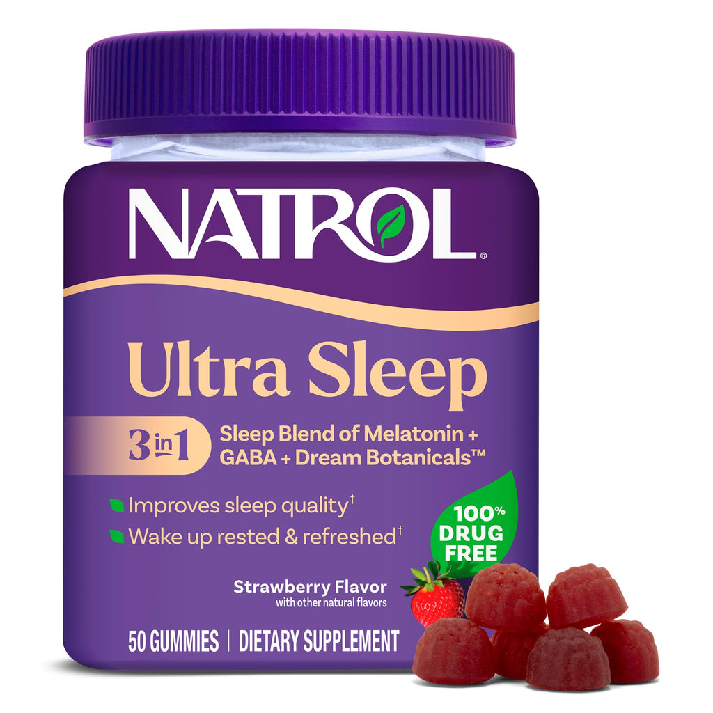 Natrol Ultra Sleep 3-in-1, 5mg Melatonin, GABA & Botanicals, 50 Gummies | Improve Sleep Quality, Wake Up Rested & Refreshed, Strawberry Flavor, Dietary Supplement, 100% Drug-Free, Non-Habit Forming