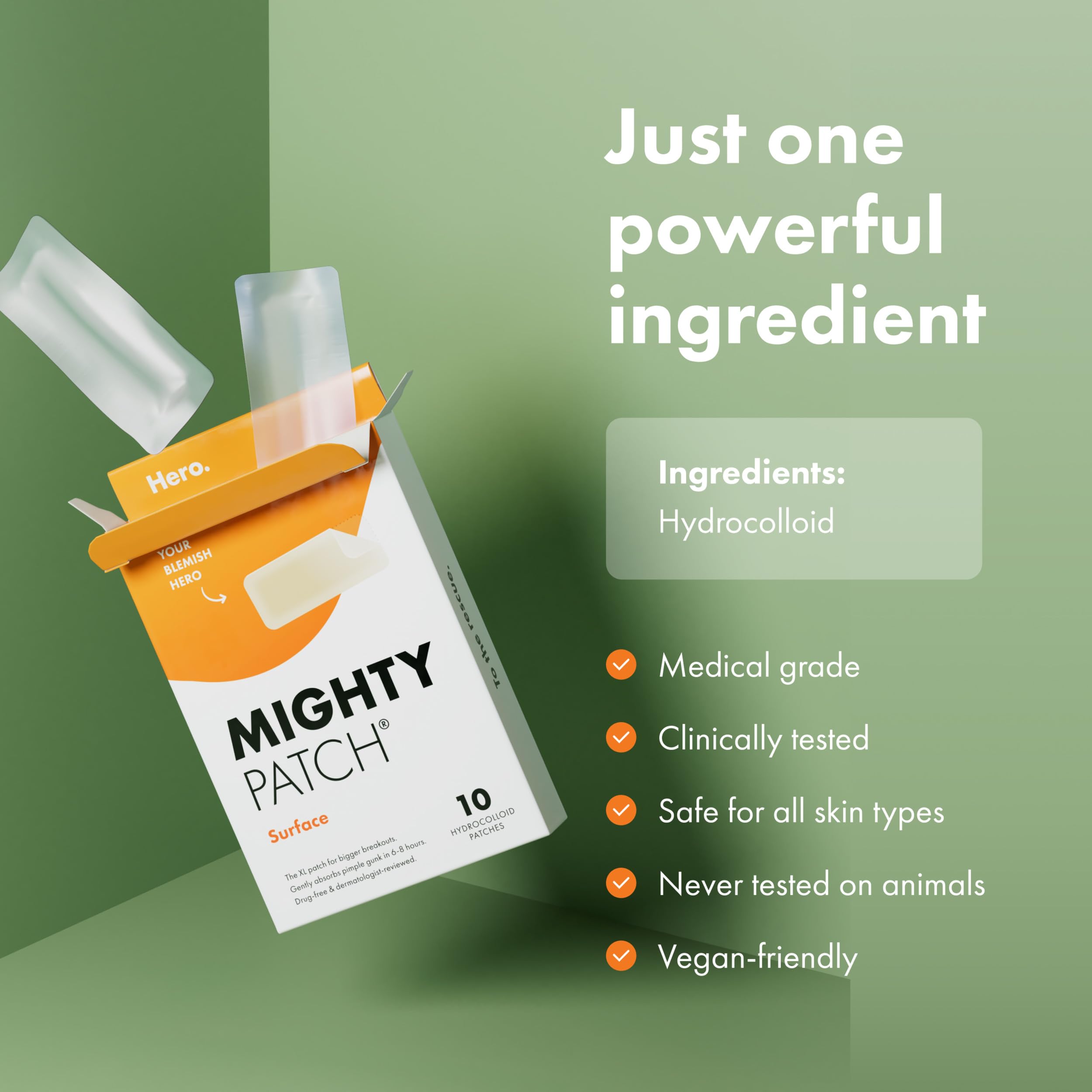 Hero Cosmetics Mighty Patch Surface Large Acne Pimple Patches, 10 Ct | Multi-Blemish Acne Spot Patch; For Cheek, Forehead, and Chin; Hydrocolloid Covers; Pimple Stickers; Vegan-friendly