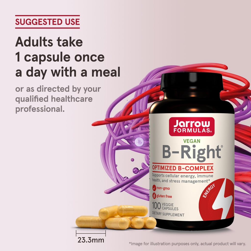 Jarrow Formulas B-Right,Optimized B Complex Featuring Vit B1,B2,B5,B6,B12 and B9 to Support Cellular Energy,Immune Health and Stress Management,100 Veggie Caps,Up to a 100 Day Supply, Pack of 12