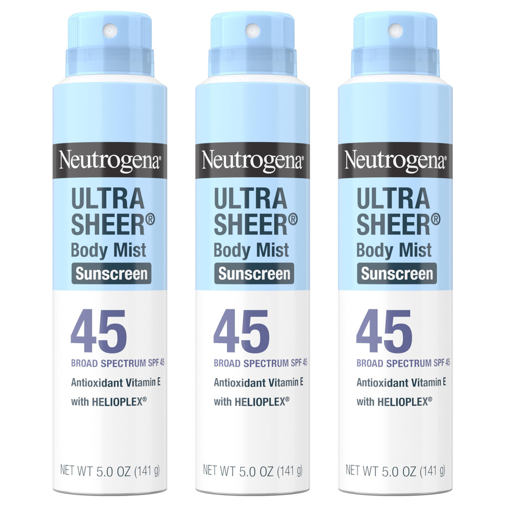 Buy now Neutrogena Ultra Sheer Body Mist Sunscreen Spray, Broad Spectrum SPF 45, Lightweight Spray Sunscreen, Non-Greasy & Water Resistant, Oil-Free & Non-Comedogenic UVA/UVB, 5 oz Pack of 3 at indiglob india
