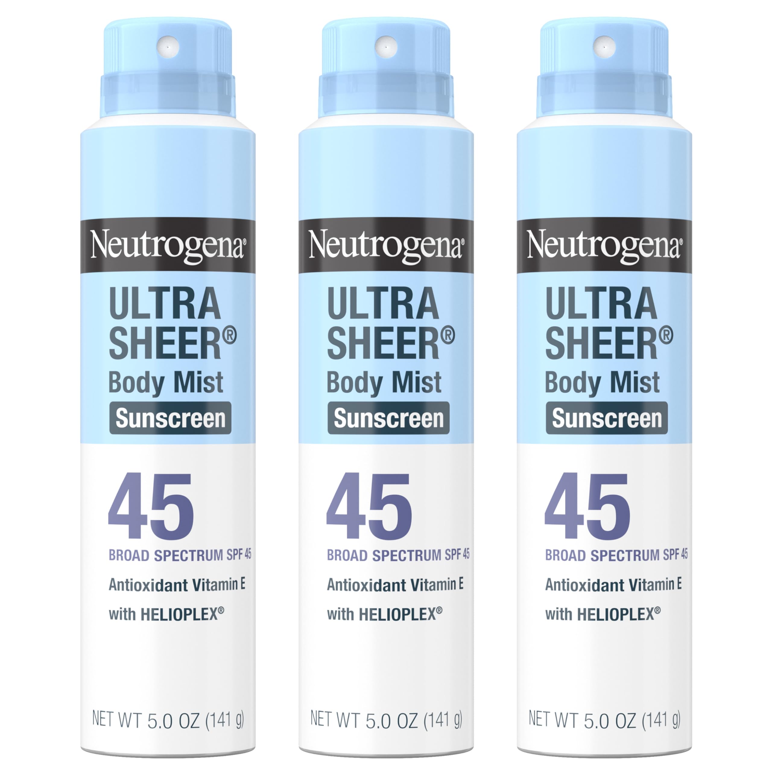 Buy now Neutrogena Ultra Sheer Body Mist Sunscreen Spray, Broad Spectrum SPF 45, Lightweight Spray Sunscreen, Non-Greasy & Water Resistant, Oil-Free & Non-Comedogenic UVA/UVB, 5 oz Pack of 3 at indiglob india