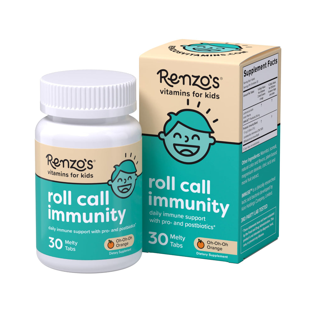 Renzo's Roll Call Immunity Kids Immune Support, Dissolvable Tabs, 30-Count | Clinically-Studied IMMUSE Postbiotic & Probiotic Immunity Blend, Classroom Support, Sugar-Free, Orange Flavor, 1-Month Supply