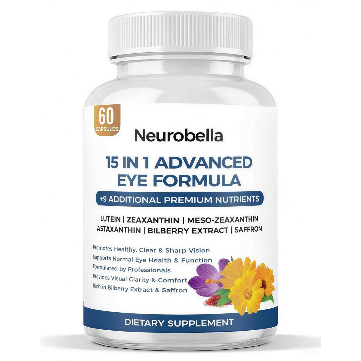 15-in-1 Advanced Eye Formula, Eye Vitamins with Lutein, Zeaxanthin & Meso-Zeaxanthin, Bilberry, Saffron & Astaxanthin, Eye Care Health Support and Mineral Supplement, 60 Capsules