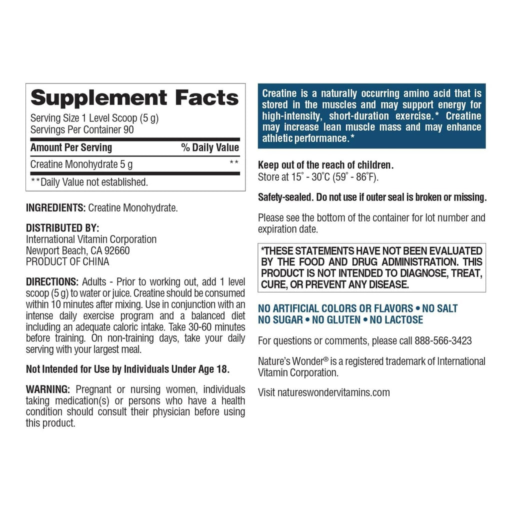 Nature's Wonder Micronized Creatine Monohydrate Powder, 90 Servings | 5g Pure Creatine per Serving, Unflavored, Gluten-Free, Lean Muscle, Strength, Recovery Support for Women & Men, RD-Formulated