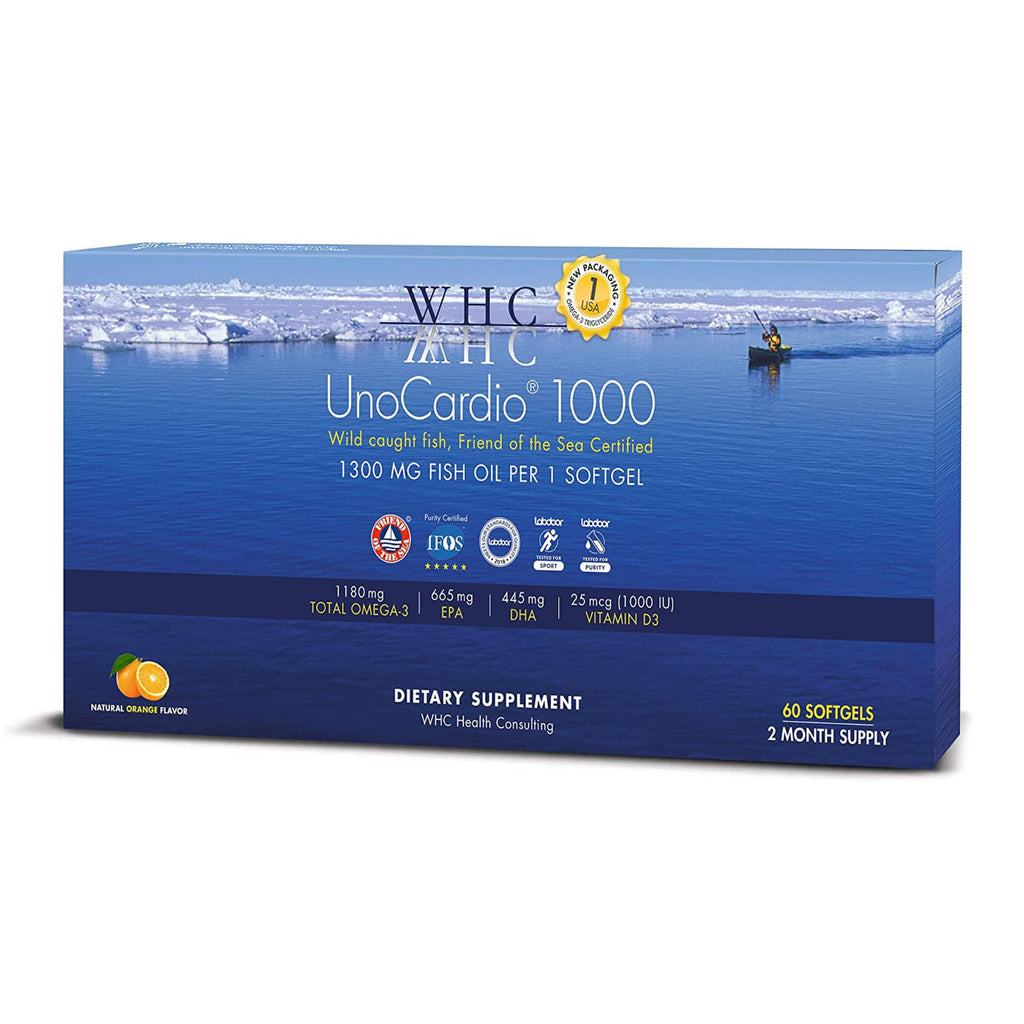 WHC UnoCardio 1000 Omega-3 Fish Oil, 1180mg EPA/DHA + D3, 60 Ct