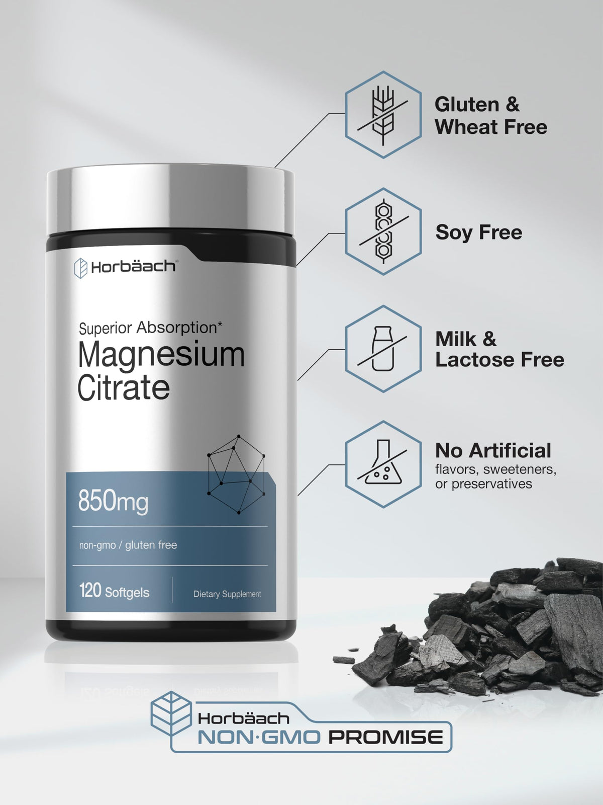 Horbäach Magnesium Citrate | 850mg | 120 Softgels | Superior Absorption
